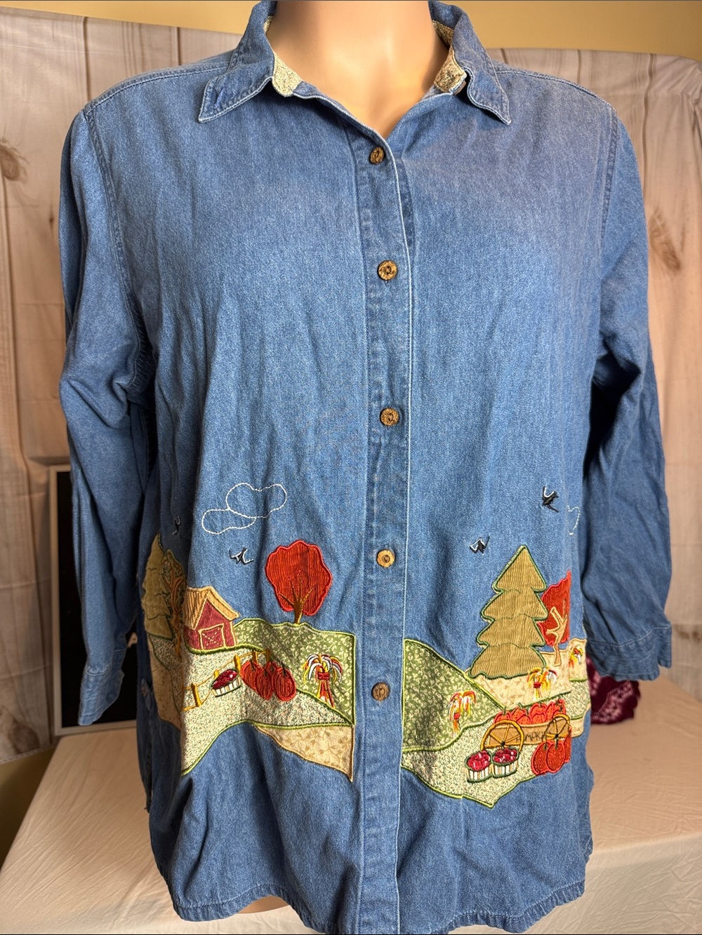 Bobbie Brooks Denim Fall Embroidered Landscape Button-Up Jacket Blue 18/20 2X